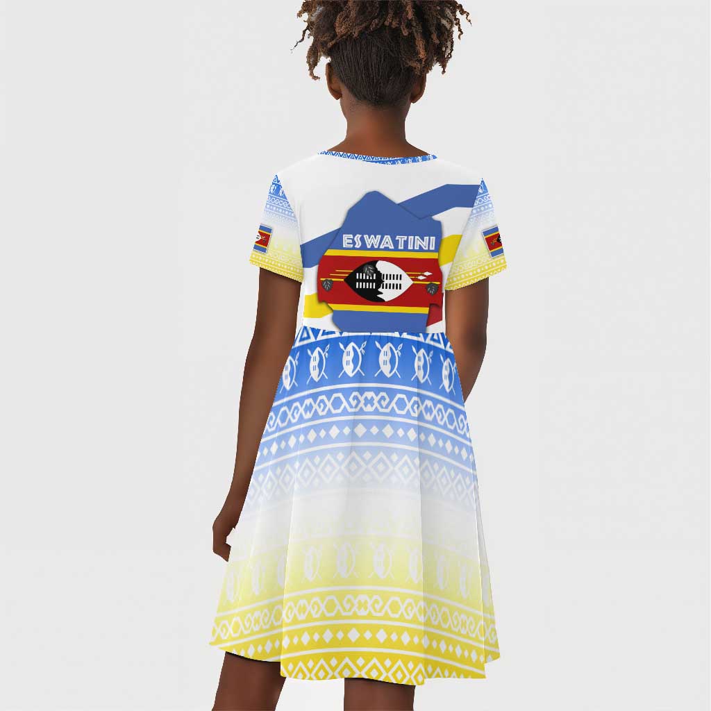 Eswatini Rhino Kid Short Sleeve Dress Swazi Map Flag and African Traditional Patterns