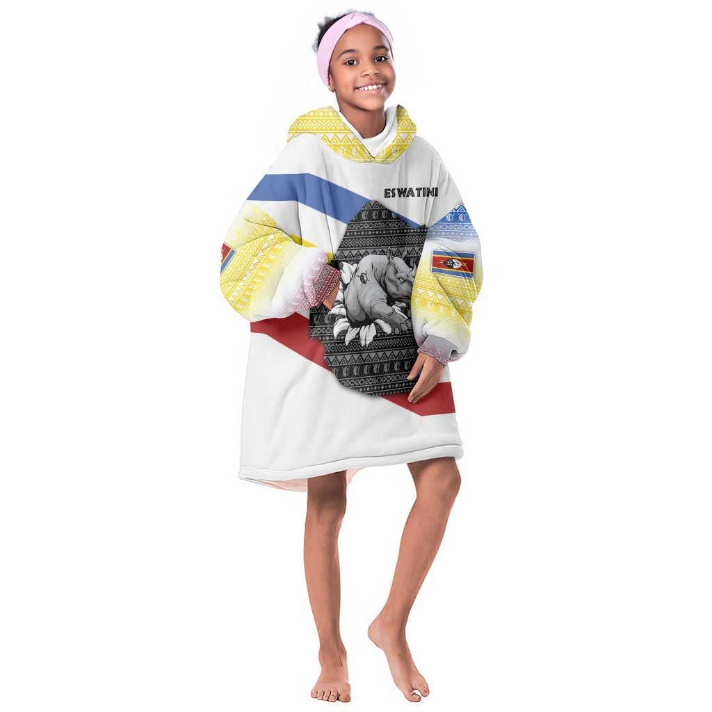 Eswatini Rhino Kid Wearable Blanket Hoodie Swazi Map Flag and African Traditional Patterns