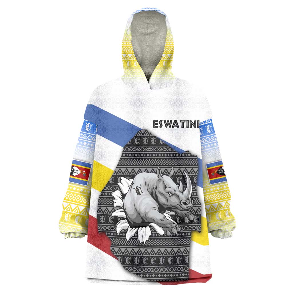 Eswatini Rhino Kid Wearable Blanket Hoodie Swazi Map Flag and African Traditional Patterns