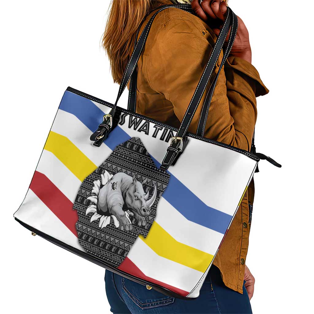Eswatini Rhino Leather Tote Bag Swazi Map Flag and African Traditional Patterns