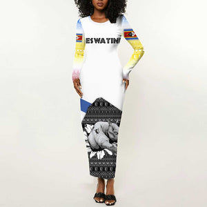 Eswatini Rhino Long Sleeve Bodycon Dress Swazi Map Flag and African Traditional Patterns