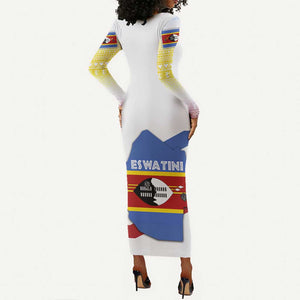 Eswatini Rhino Long Sleeve Bodycon Dress Swazi Map Flag and African Traditional Patterns