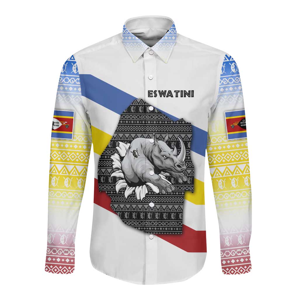 Eswatini Rhino Long Sleeve Button Shirt Swazi Map Flag and African Traditional Patterns
