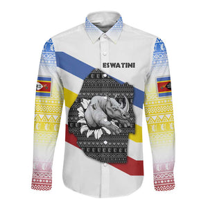 Eswatini Rhino Long Sleeve Button Shirt Swazi Map Flag and African Traditional Patterns