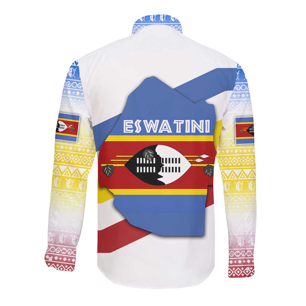 Eswatini Rhino Long Sleeve Button Shirt Swazi Map Flag and African Traditional Patterns