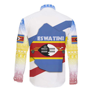 Eswatini Rhino Long Sleeve Button Shirt Swazi Map Flag and African Traditional Patterns