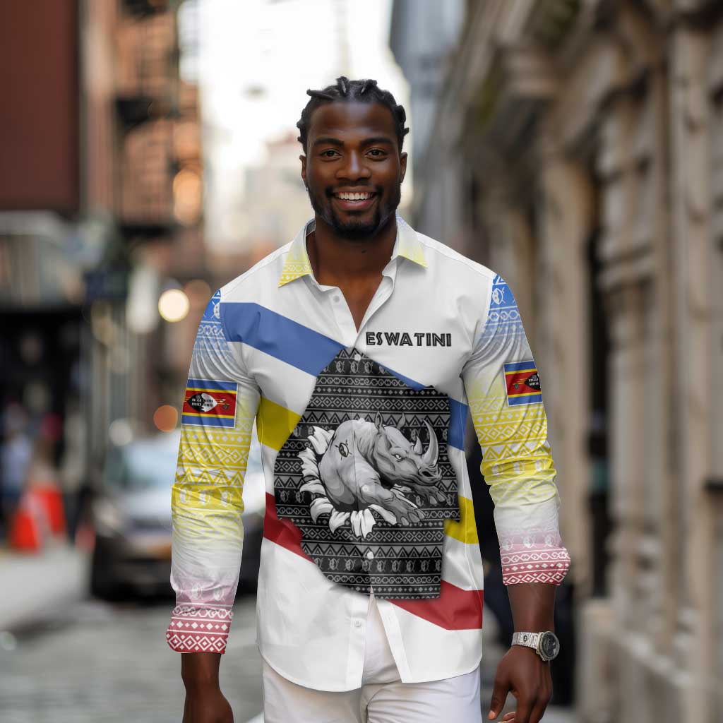 Eswatini Rhino Long Sleeve Button Shirt Swazi Map Flag and African Traditional Patterns
