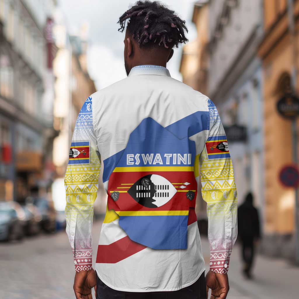 Eswatini Rhino Long Sleeve Button Shirt Swazi Map Flag and African Traditional Patterns