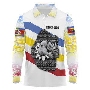 Eswatini Rhino Long Sleeve Polo Shirt Swazi Map Flag and African Traditional Patterns