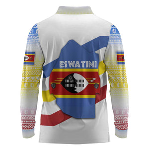 Eswatini Rhino Long Sleeve Polo Shirt Swazi Map Flag and African Traditional Patterns