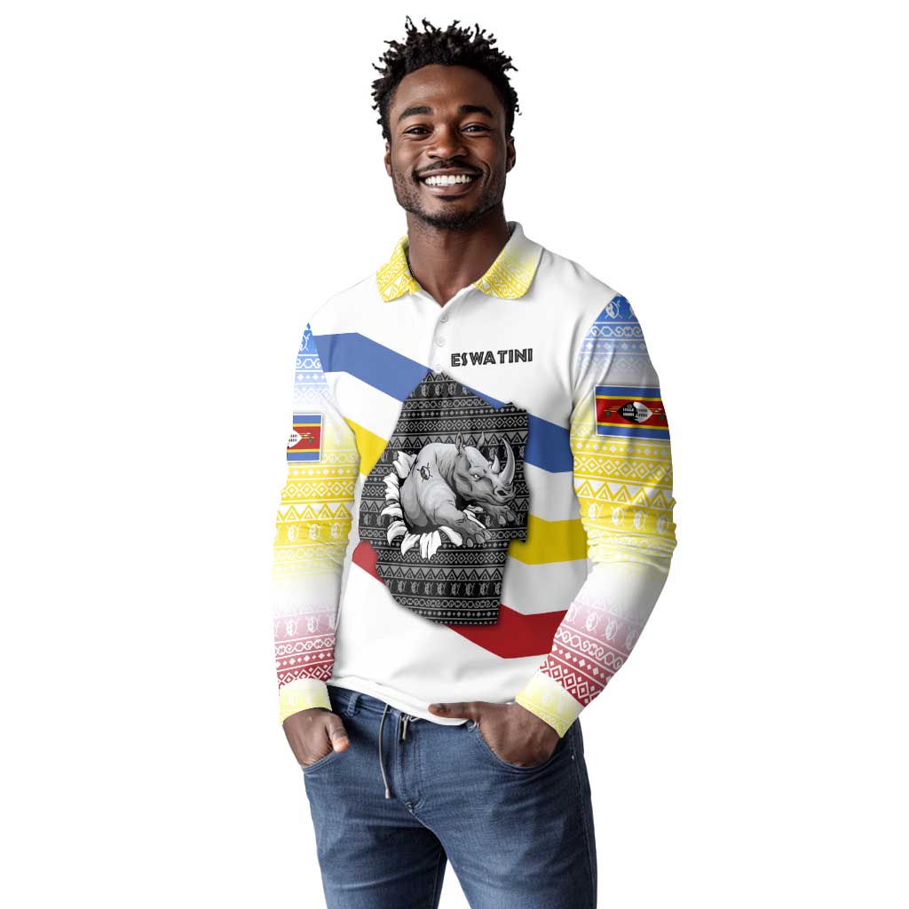 Eswatini Rhino Long Sleeve Polo Shirt Swazi Map Flag and African Traditional Patterns