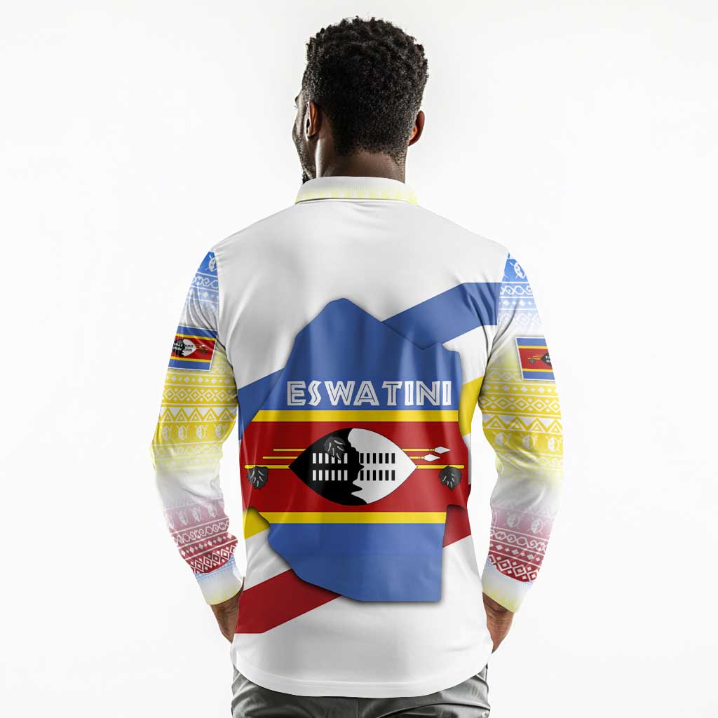 Eswatini Rhino Long Sleeve Polo Shirt Swazi Map Flag and African Traditional Patterns