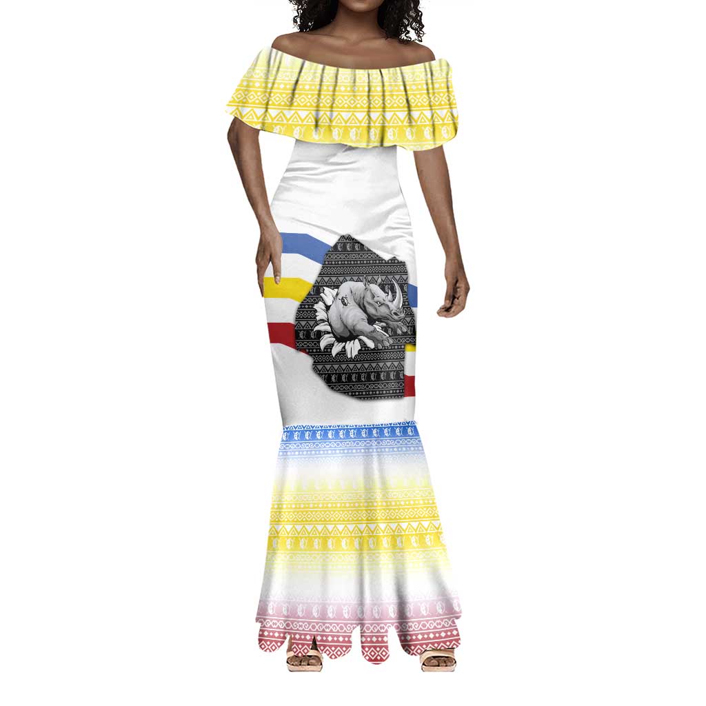 Eswatini Rhino Mermaid Dress Swazi Map Flag and African Traditional Patterns