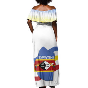 Eswatini Rhino Off Shoulder Maxi Dress Swazi Map Flag and African Traditional Patterns