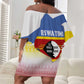 Eswatini Rhino Off Shoulder Short Dress Swazi Map Flag and African Traditional Patterns