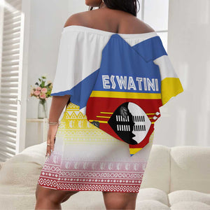 Eswatini Rhino Off Shoulder Short Dress Swazi Map Flag and African Traditional Patterns
