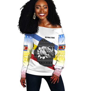 Eswatini Rhino Off Shoulder Sweater Swazi Map Flag and African Traditional Patterns