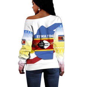 Eswatini Rhino Off Shoulder Sweater Swazi Map Flag and African Traditional Patterns
