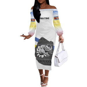 Eswatini Rhino Off The Shoulder Long Sleeve Dress Swazi Map Flag and African Traditional Patterns