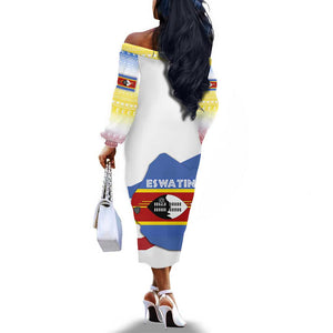 Eswatini Rhino Off The Shoulder Long Sleeve Dress Swazi Map Flag and African Traditional Patterns
