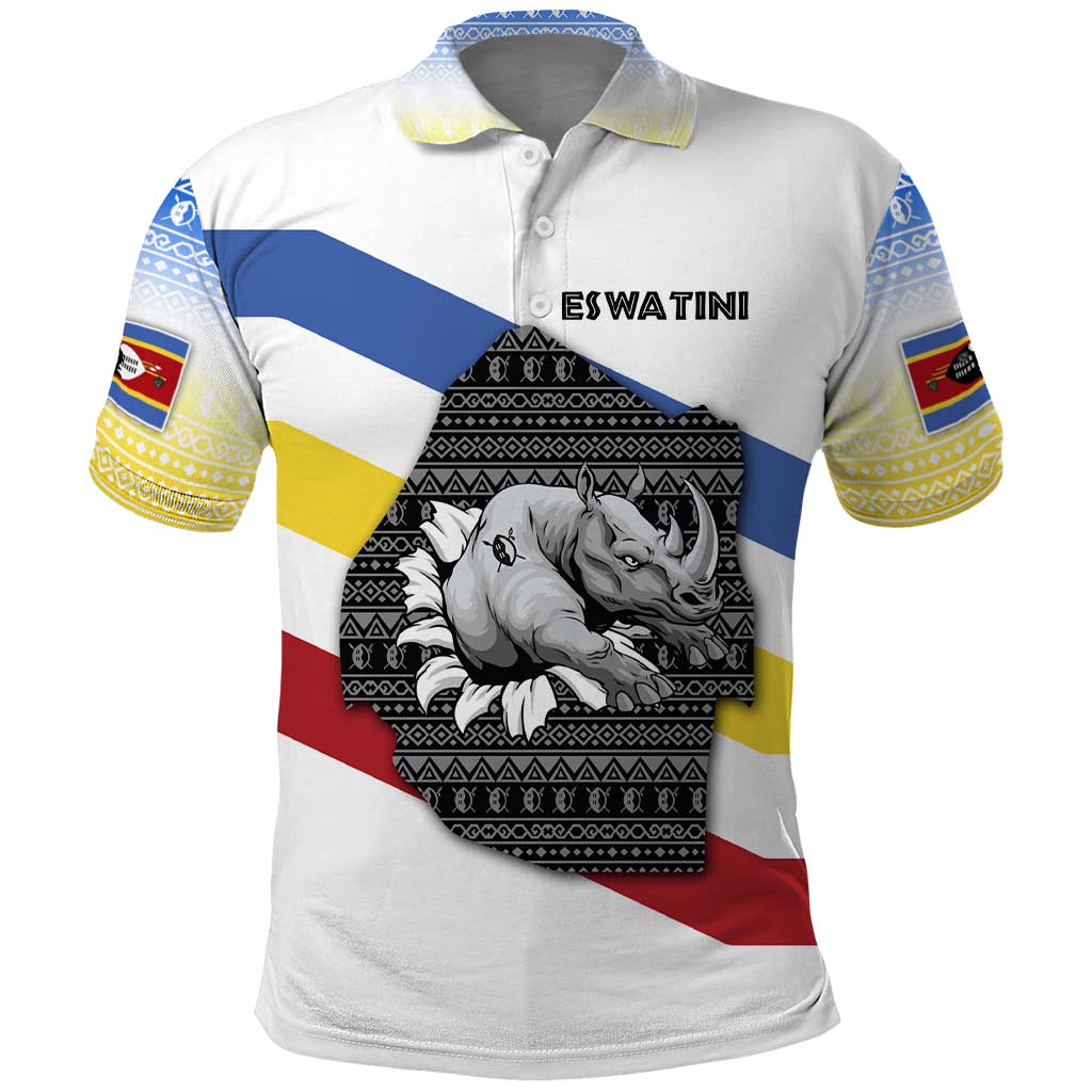 Eswatini Rhino Polo Shirt Swazi Map Flag and African Traditional Patterns