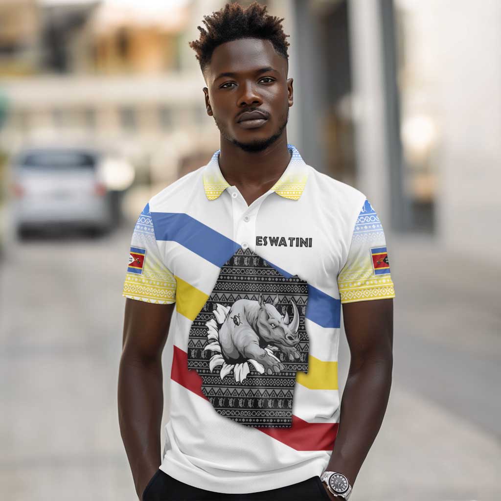Eswatini Rhino Polo Shirt Swazi Map Flag and African Traditional Patterns