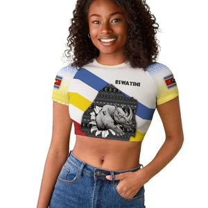Eswatini Rhino Raglan Cropped T shirt Swazi Map Flag and African Traditional Patterns