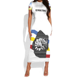 Eswatini Rhino Short Sleeve Bodycon Dress Swazi Map Flag and African Traditional Patterns