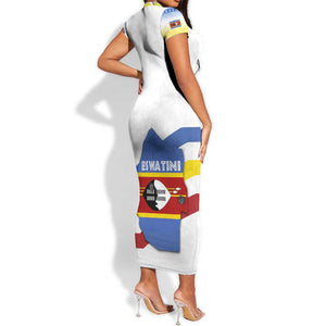 Eswatini Rhino Short Sleeve Bodycon Dress Swazi Map Flag and African Traditional Patterns