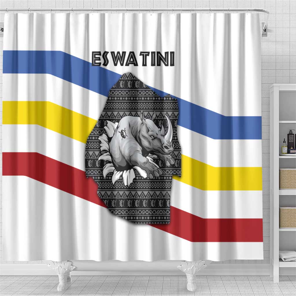 Eswatini Rhino Shower Curtain Swazi Map Flag and African Traditional Patterns