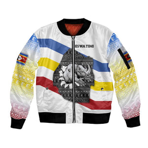 Eswatini Rhino Sleeve Zip Bomber Jacket Swazi Map Flag and African Traditional Patterns