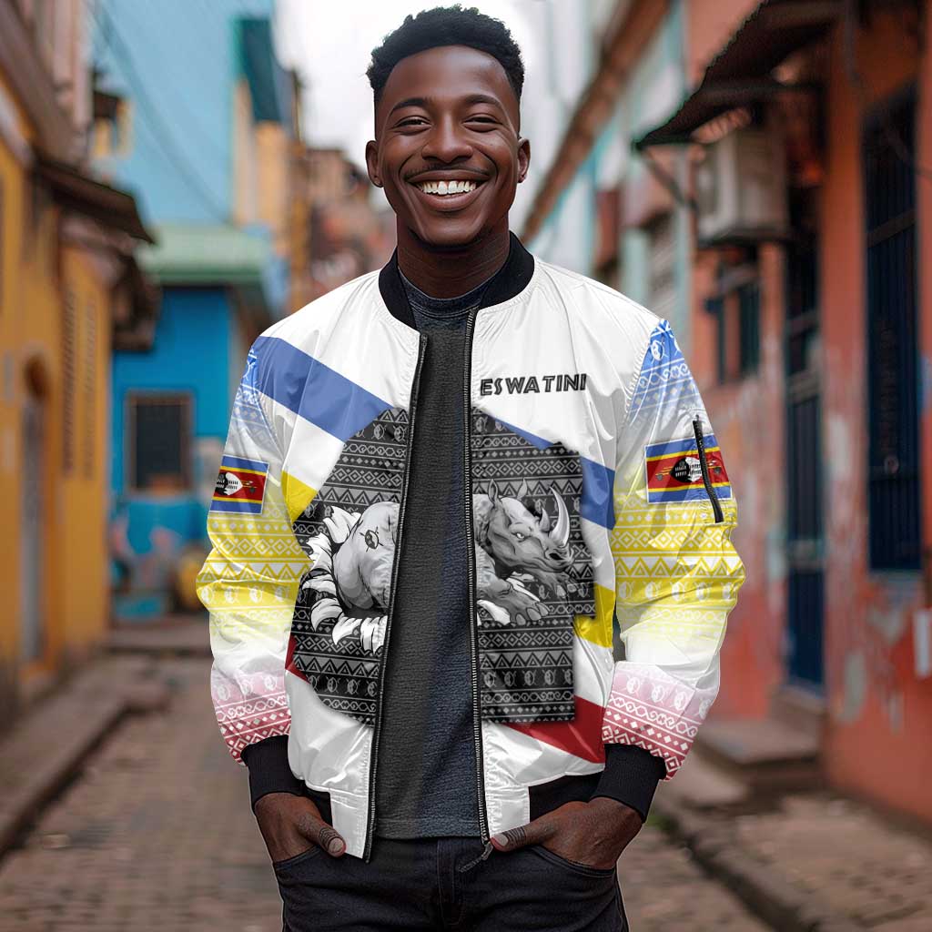 Eswatini Rhino Sleeve Zip Bomber Jacket Swazi Map Flag and African Traditional Patterns