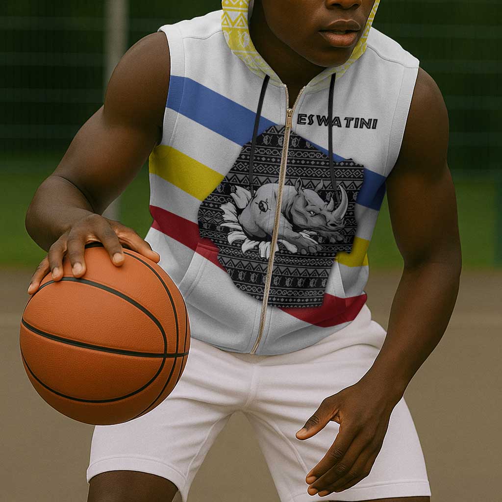 Eswatini Rhino Sleeveless Zip Hoodie Swazi Map Flag and African Traditional Patterns - African Pride