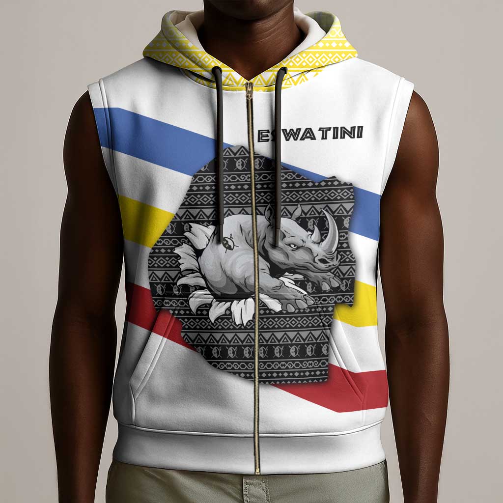 Eswatini Rhino Sleeveless Zip Hoodie Swazi Map Flag and African Traditional Patterns - African Pride