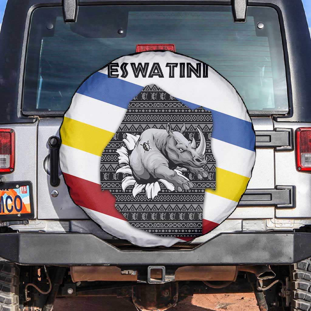 Eswatini Rhino Spare Tire Cover Swazi Map Flag and African Traditional Patterns