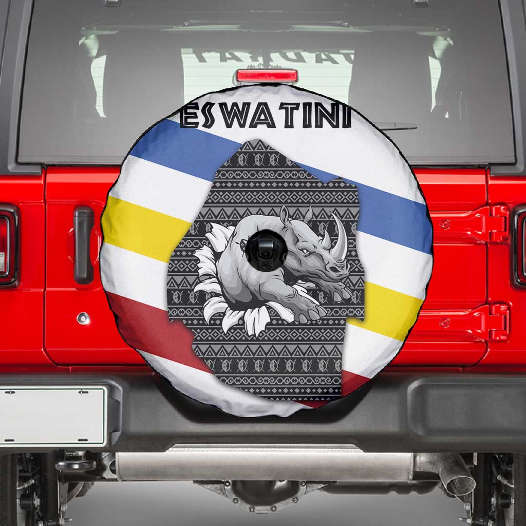 Eswatini Rhino Spare Tire Cover Swazi Map Flag and African Traditional Patterns