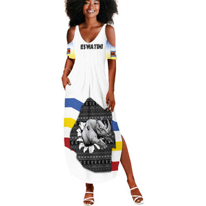 Eswatini Rhino Summer Maxi Dress Swazi Map Flag and African Traditional Patterns