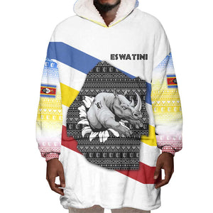 Eswatini Rhino Wearable Blanket Hoodie Swazi Map Flag and African Traditional Patterns