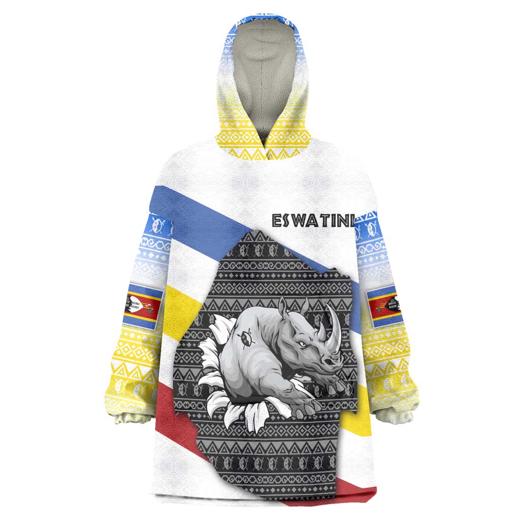 Eswatini Rhino Wearable Blanket Hoodie Swazi Map Flag and African Traditional Patterns