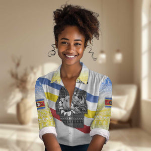 Eswatini Rhino Women Casual Shirt Swazi Map Flag and African Traditional Patterns