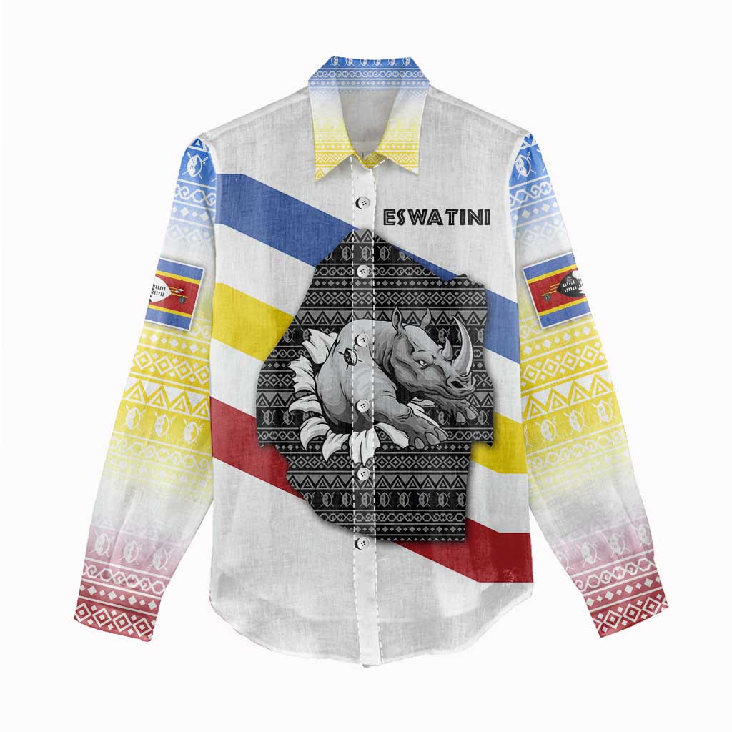 Eswatini Rhino Women Casual Shirt Swazi Map Flag and African Traditional Patterns