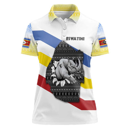 Eswatini Rhino Women Polo Shirt Swazi Map Flag and African Traditional Patterns