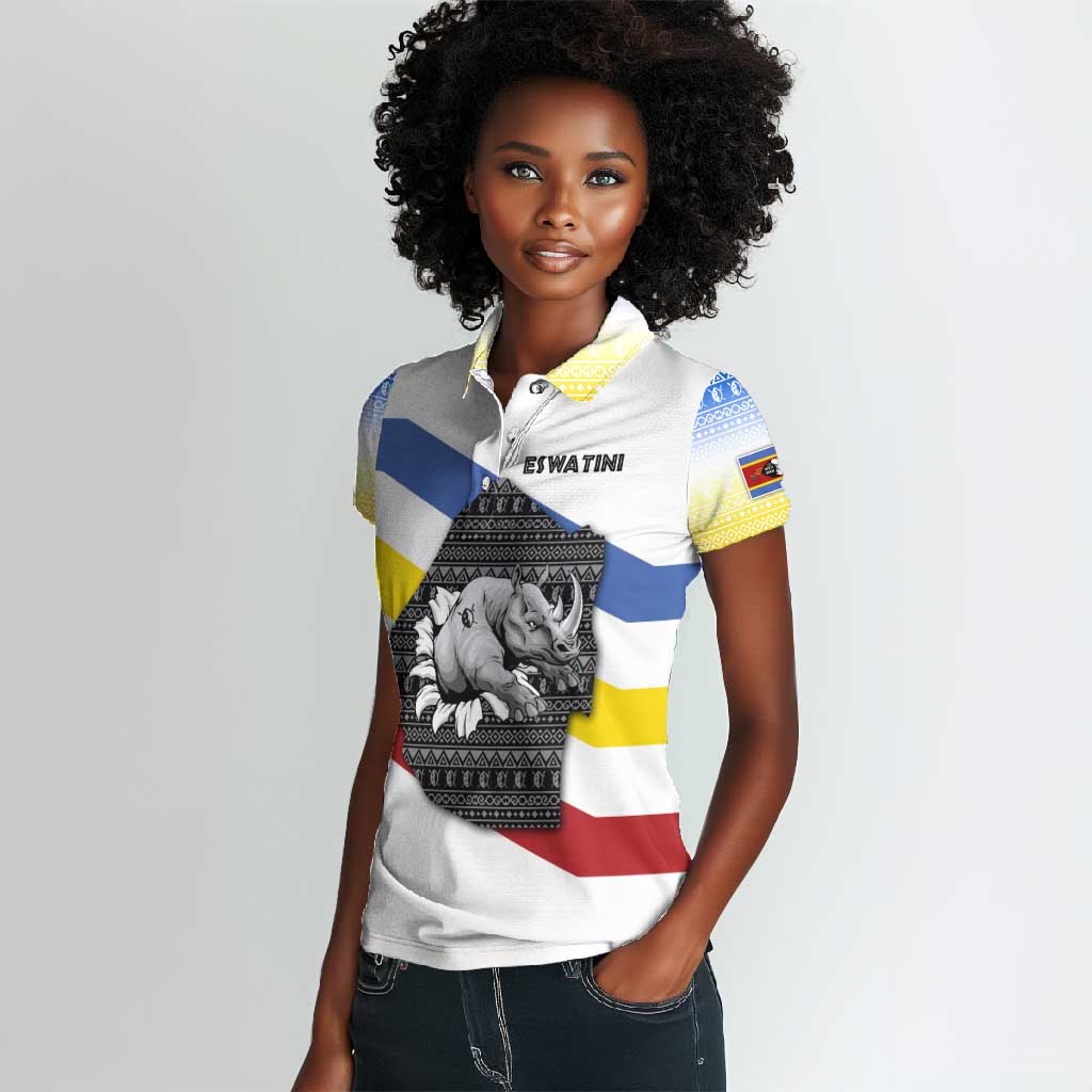 Eswatini Rhino Women Polo Shirt Swazi Map Flag and African Traditional Patterns