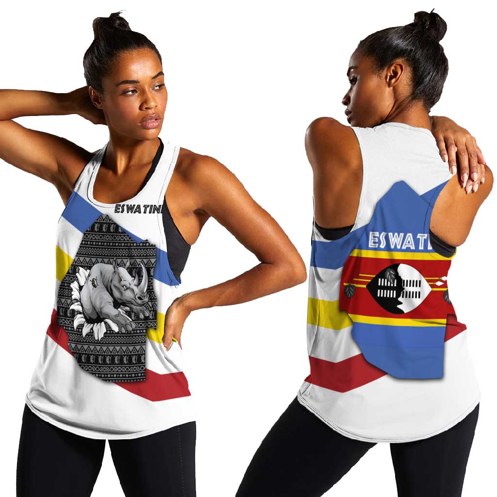 Eswatini Rhino Women Racerback Tank Swazi Map Flag and African Traditional Patterns