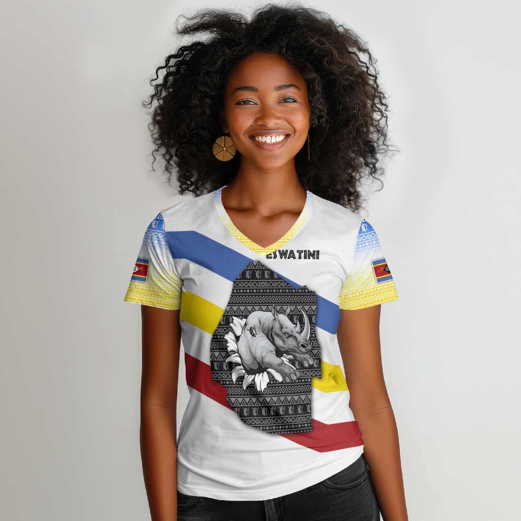 Eswatini Rhino Women V-Neck T-Shirt Swazi Map Flag and African Traditional Patterns