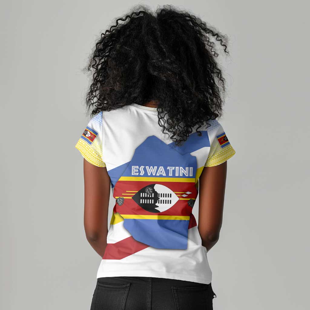 Eswatini Rhino Women V-Neck T-Shirt Swazi Map Flag and African Traditional Patterns