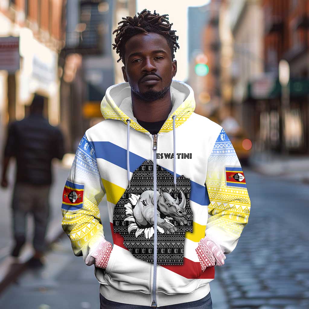 Eswatini Rhino Zip Hoodie Swazi Map Flag and African Traditional Patterns