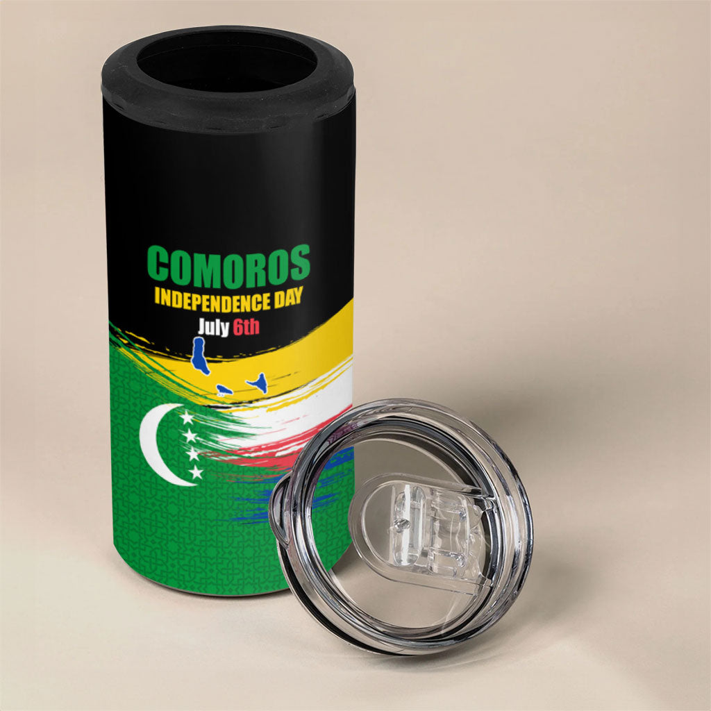 Comoros Independence Day 4 in 1 Can Cooler Tumbler Comorian Flag Brush Stroke National Pride Graphic
