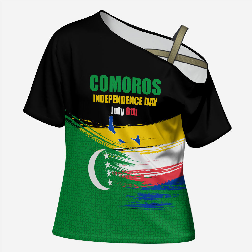 Comoros Independence Day Cross Shoulder Shirt Comorian Flag Brush Stroke National Pride Graphic