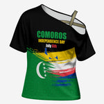Comoros Independence Day Cross Shoulder Shirt Comorian Flag Brush Stroke National Pride Graphic